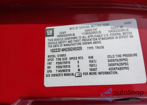 2003 Chevrolet S-10 из США, поврежденный, VIN 1GCCS14H238245028